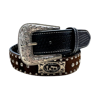 Leather Cowboy Belts For Men Cowboy Praying at Cross Concho Cow Hair