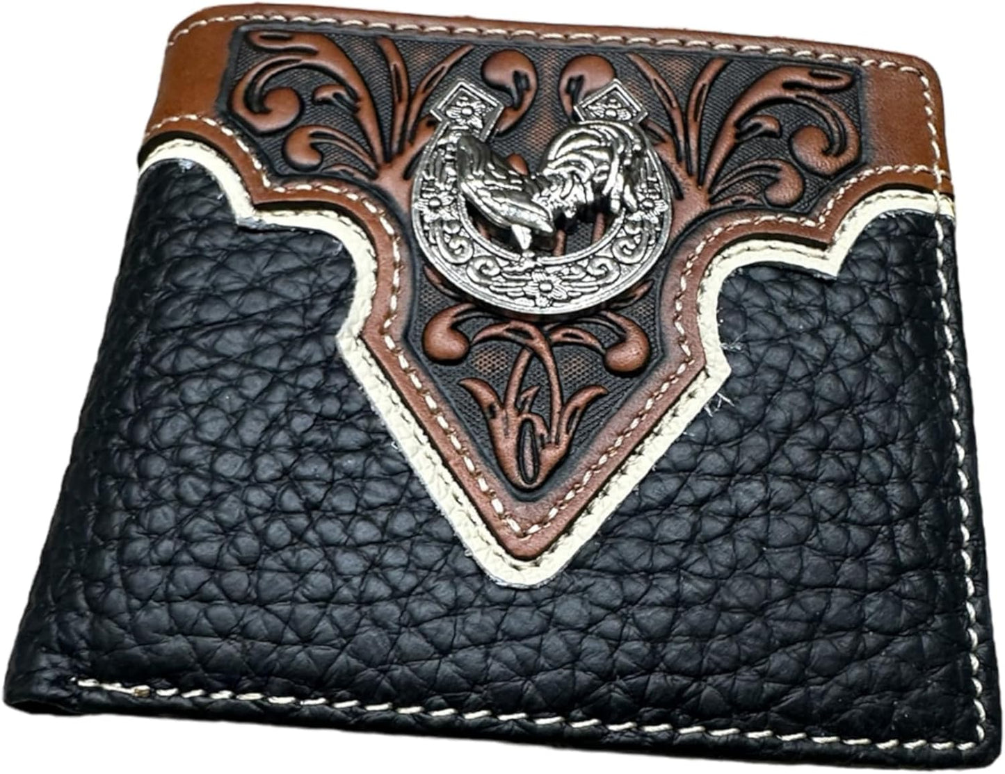 Mens Leather Wallet Horseshoe Rooster Bi Fold