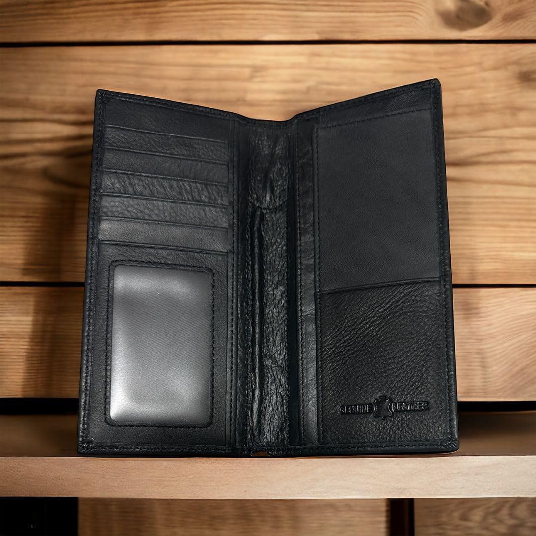 A black leather cowboy wallet is open, revealing multiple card slots on the left side and a transparent ID slot. The right side has a large pocket and additional slots. The Western Stakes Bull Rider Long Wallet W Cowhair Basketweave is displayed on a wooden surface, exuding rugged elegance.