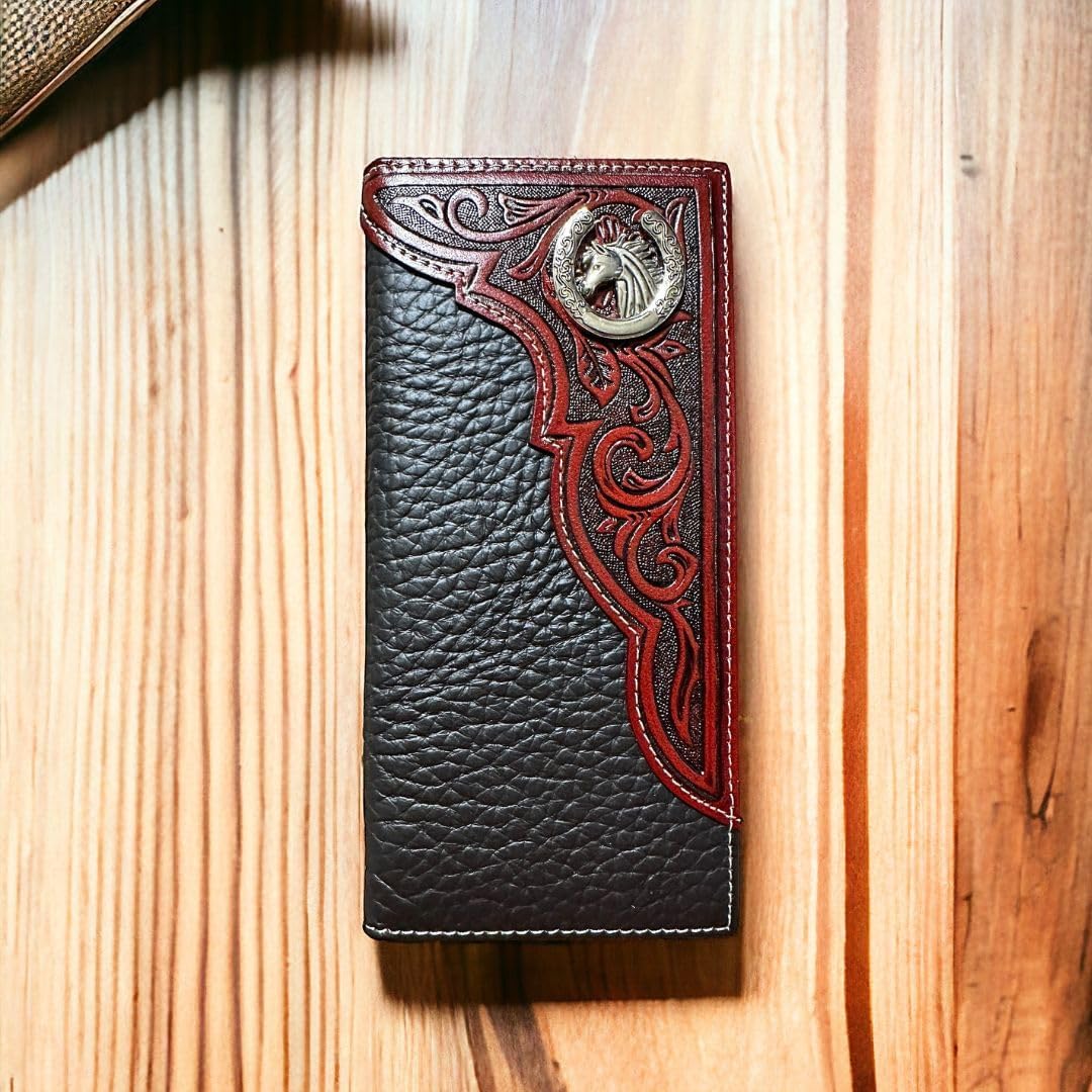 A Western Stakes Horse Horseshoe Long Wallet Coffee Red Tint lies on a wooden surface with a light and dark grain pattern.