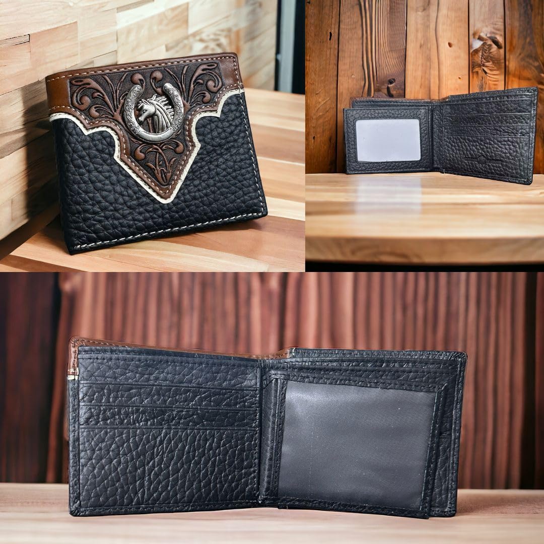 A Mens Leather Wallet Horse & Horseshoe Soft Black Leather Bi Fold by Western Stakes is featured in a collage, boasting a rich black exterior with brown detailing and an engraved horse design that adds a touch of western cowboy flair. The interior offers multiple card slots, a transparent ID window, and a compartment for cash, all set against wooden surfaces in the background.