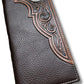 A Floral Long Wallet Coffee Star Concho by Western Stakes adorned with intricate tooled designs and a silver six-pointed star concho. This men's wallet features contrasting textures, with a smooth section at the bottom and a detailed, decorative pattern in the upper portion, making it an ideal gift for him.