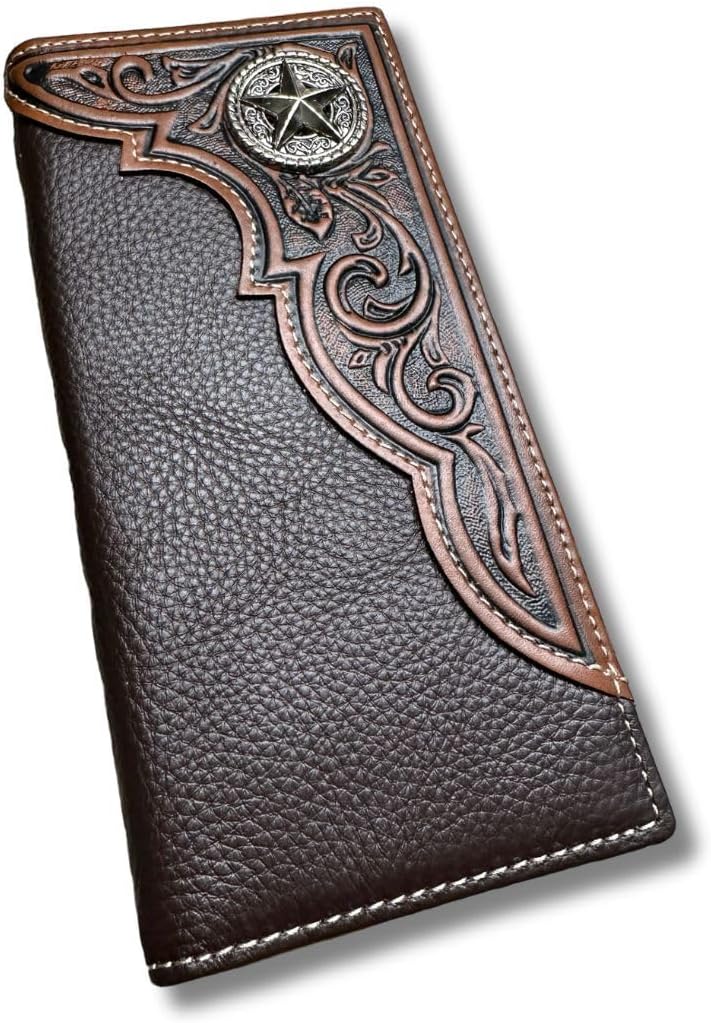 A Floral Long Wallet Coffee Star Concho by Western Stakes adorned with intricate tooled designs and a silver six-pointed star concho. This men's wallet features contrasting textures, with a smooth section at the bottom and a detailed, decorative pattern in the upper portion, making it an ideal gift for him.