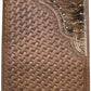 A Western Stakes Bull Rider Long Wallet W Cowhair Basketweave with a woven pattern cover, decorated with a silver oval rodeo concho featuring an engraved design, possibly a horse, and accented with silver studs. The wallet has a textured upper area with a dark brown, fur-like appearance.