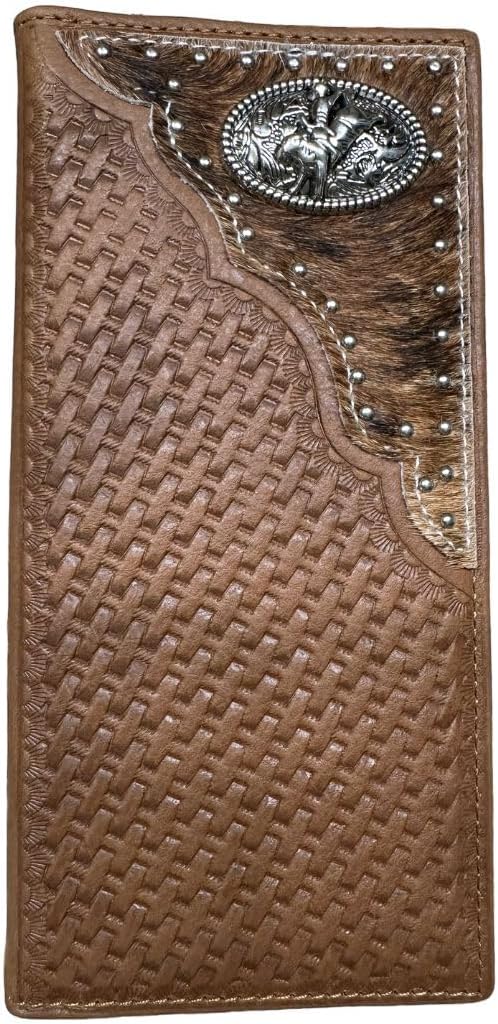 A Western Stakes Bull Rider Long Wallet W Cowhair Basketweave with a woven pattern cover, decorated with a silver oval rodeo concho featuring an engraved design, possibly a horse, and accented with silver studs. The wallet has a textured upper area with a dark brown, fur-like appearance.