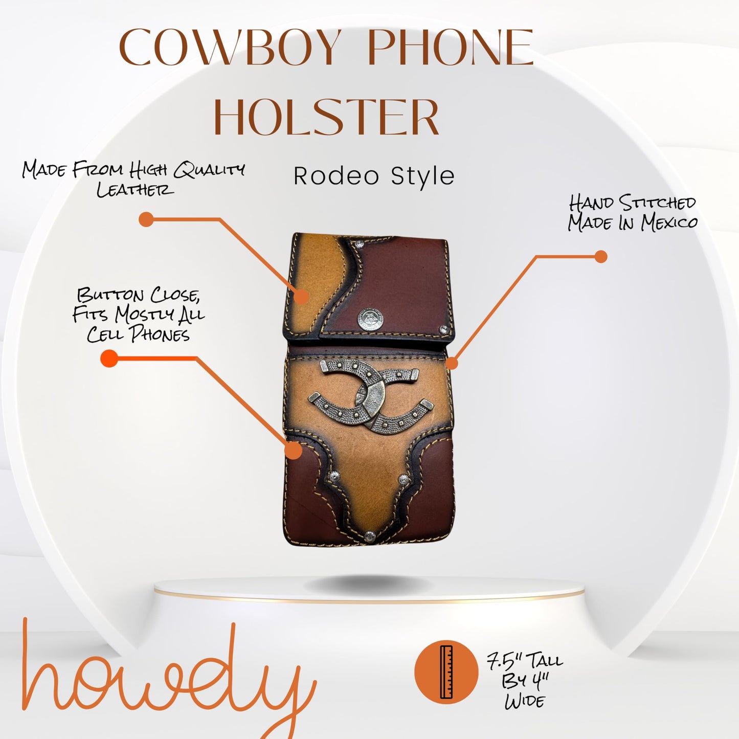 Western Leather Phone Belt Holster Layered Leather Horseshoe Concho High End Made In Mexico