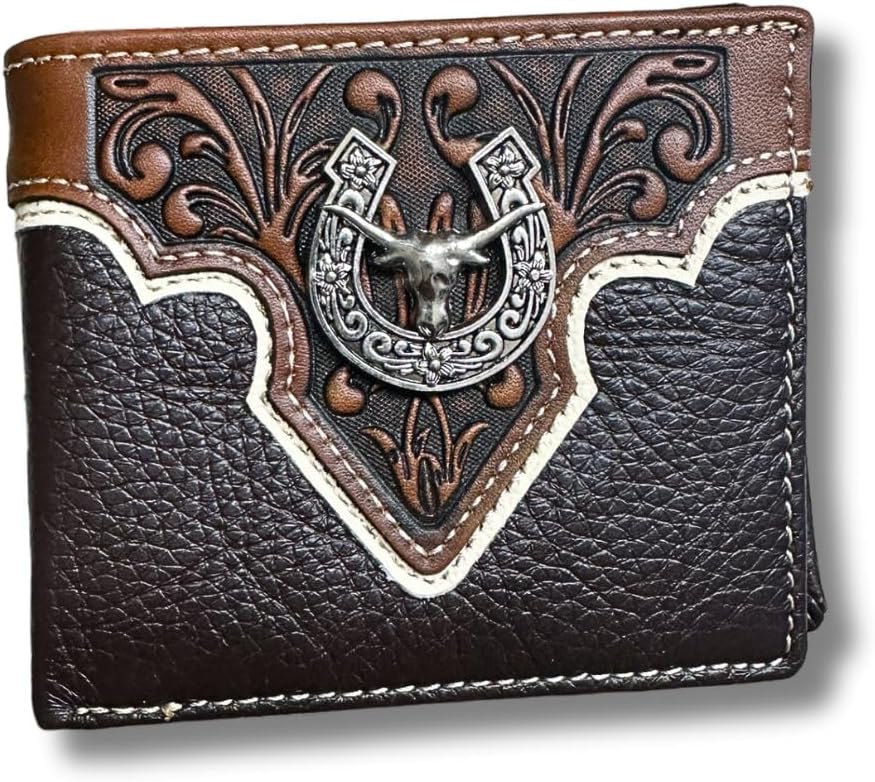 A Western Stakes Mens Leather Wallet Horseshoe Longhorn Coffee Bi Fold with intricate stitching and embossed floral patterns. This bi-fold design features a decorative horseshoe with a longhorn emblem in the center, adding a Western flair to the wallet. The wallet has white and brown accent stitching along the edges.