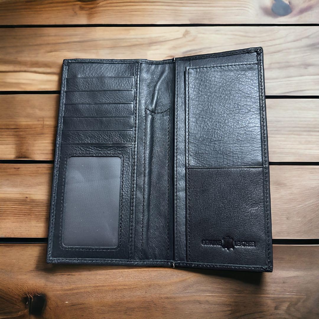 An open black leather wallet is displayed on a wooden surface. The wallet features card slots on the left side, a transparent ID slot at the bottom left, and two large pockets on the right side. The brand name and logo are embossed at the bottom right, showcasing the distinctive Longhorn Long Wallet Black With Cowhair Basketweave design by Western Stakes.