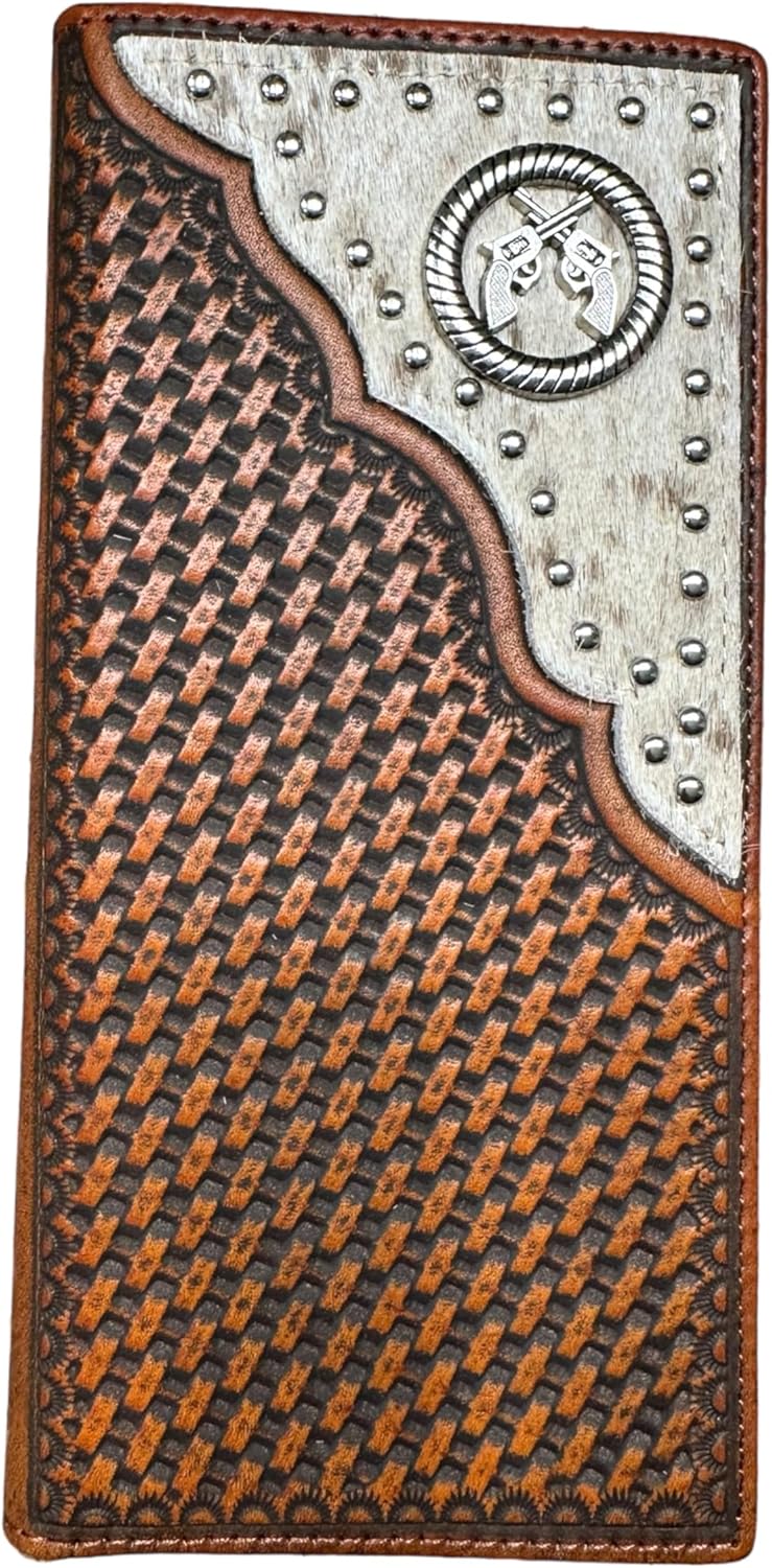 Six Shooter Concho Long Wallet Leather Basketweave Tooled Cow Hair