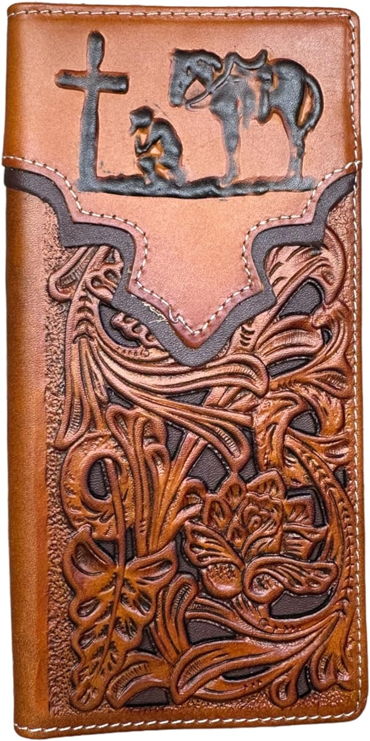 Floral Long Wallet Embossed Cowboy Praying At Cross