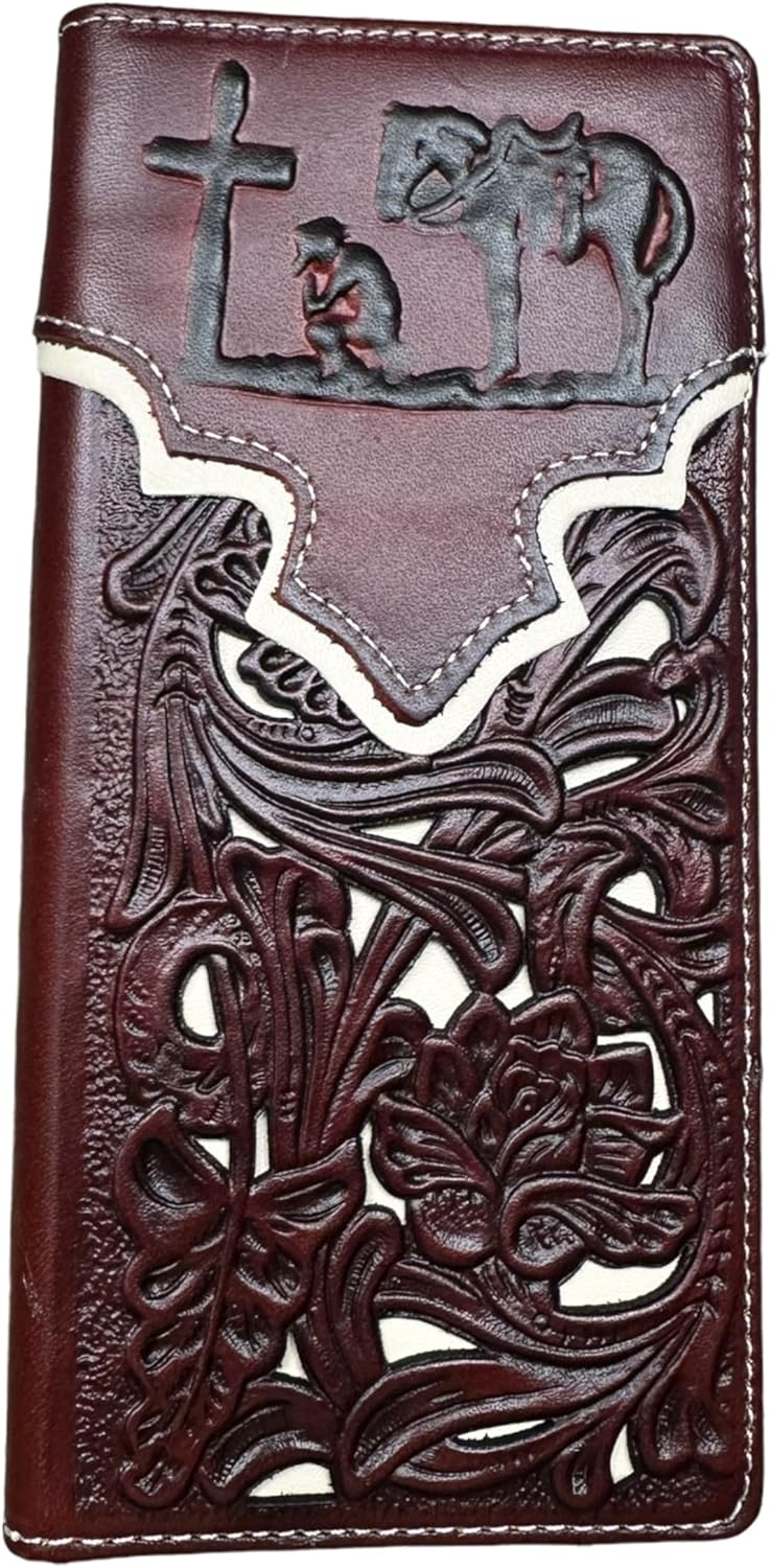 Floral Long Wallet Embossed Cowboy Praying At Cross