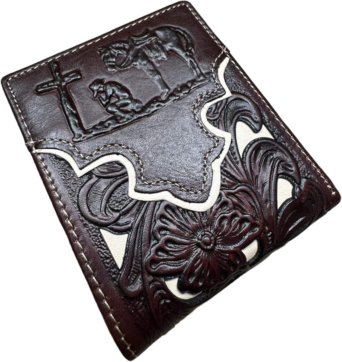 Floral Leather Cowboy Praying At Cross Wallet