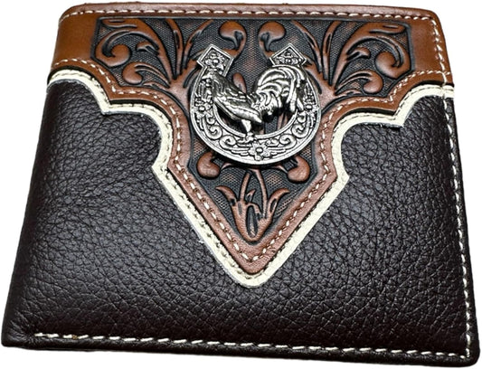 Mens Leather Wallet Horseshoe Rooster Bi Fold