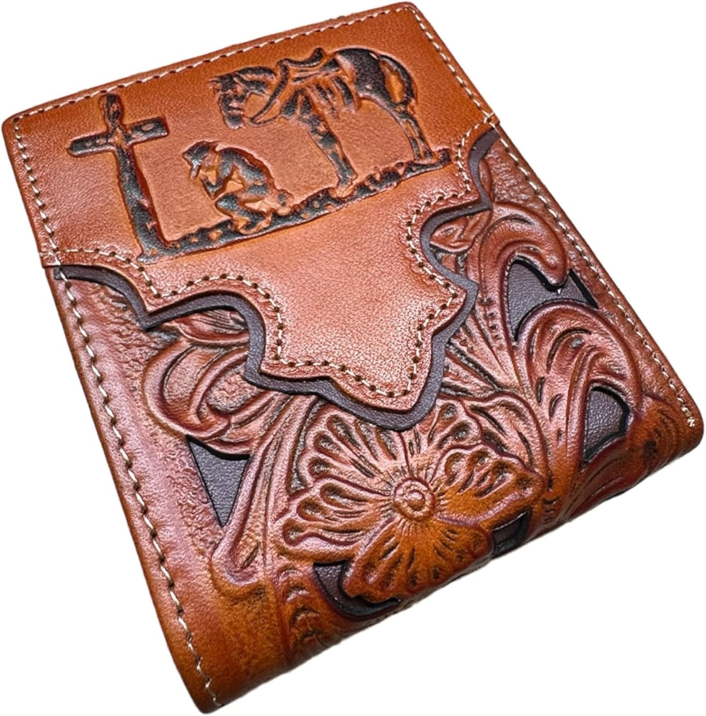 Floral Leather Cowboy Praying At Cross Wallet