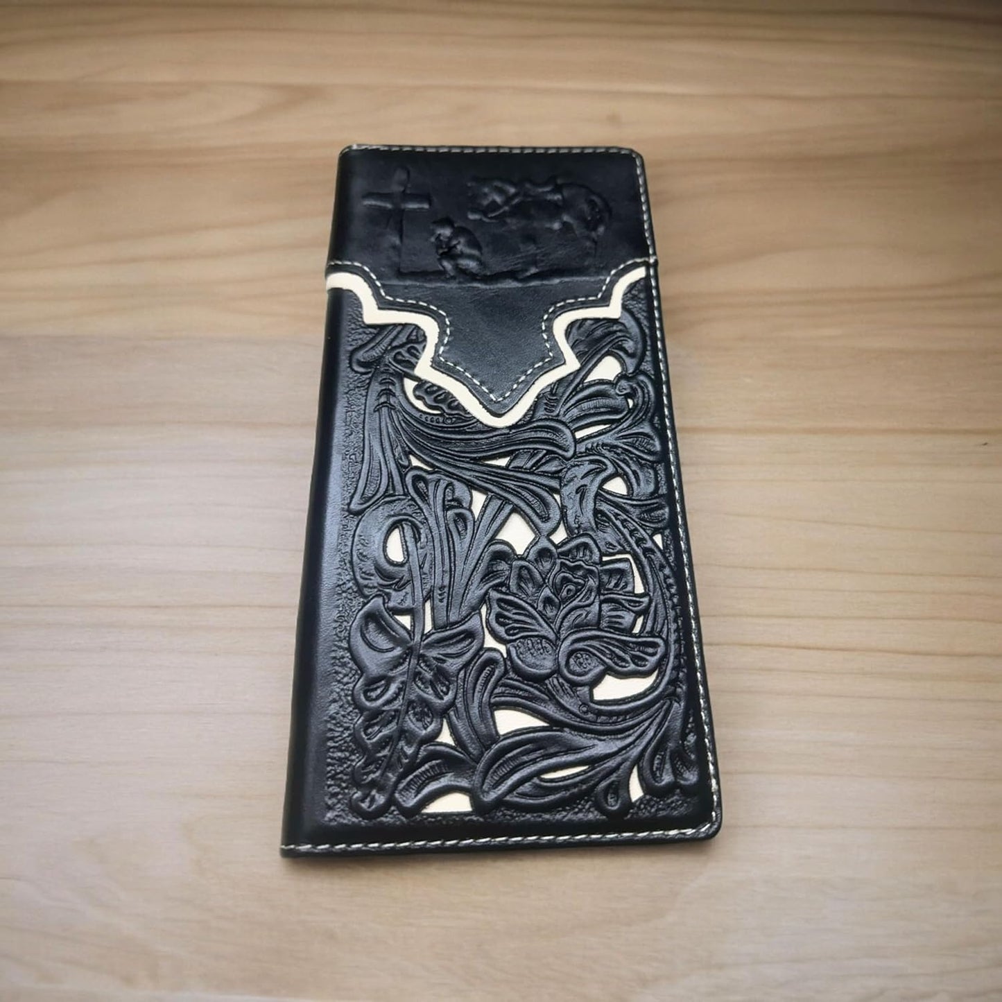 Floral Long Wallet Embossed Cowboy Praying At Cross