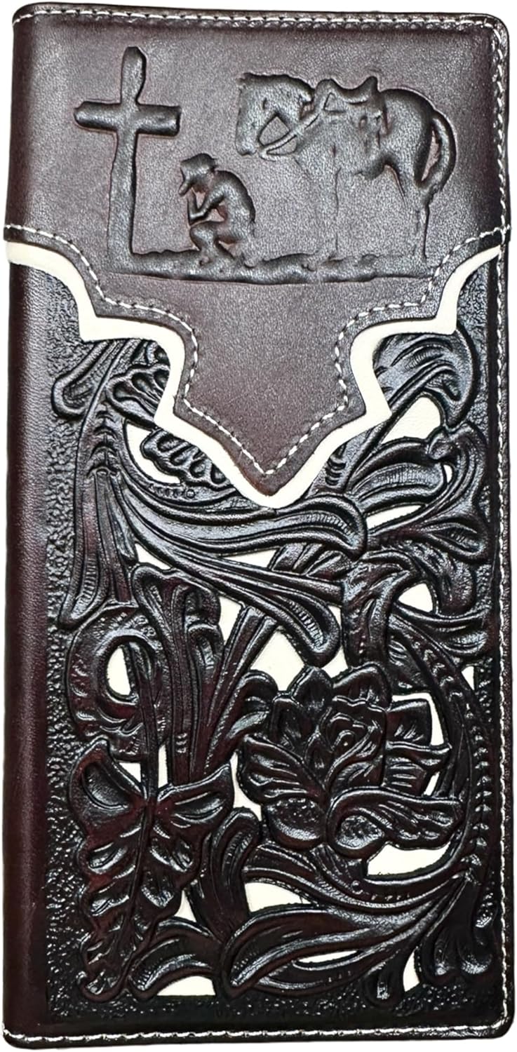 Floral Long Wallet Embossed Cowboy Praying At Cross