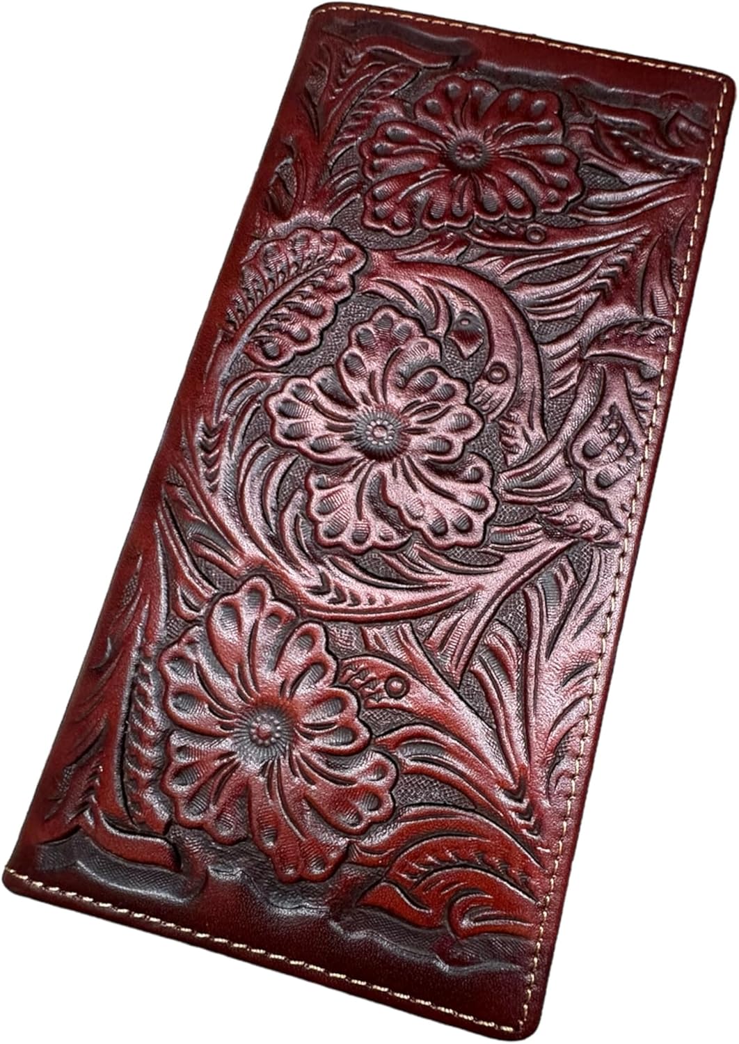 Floral Embossed Tooled Leather Long Wallet