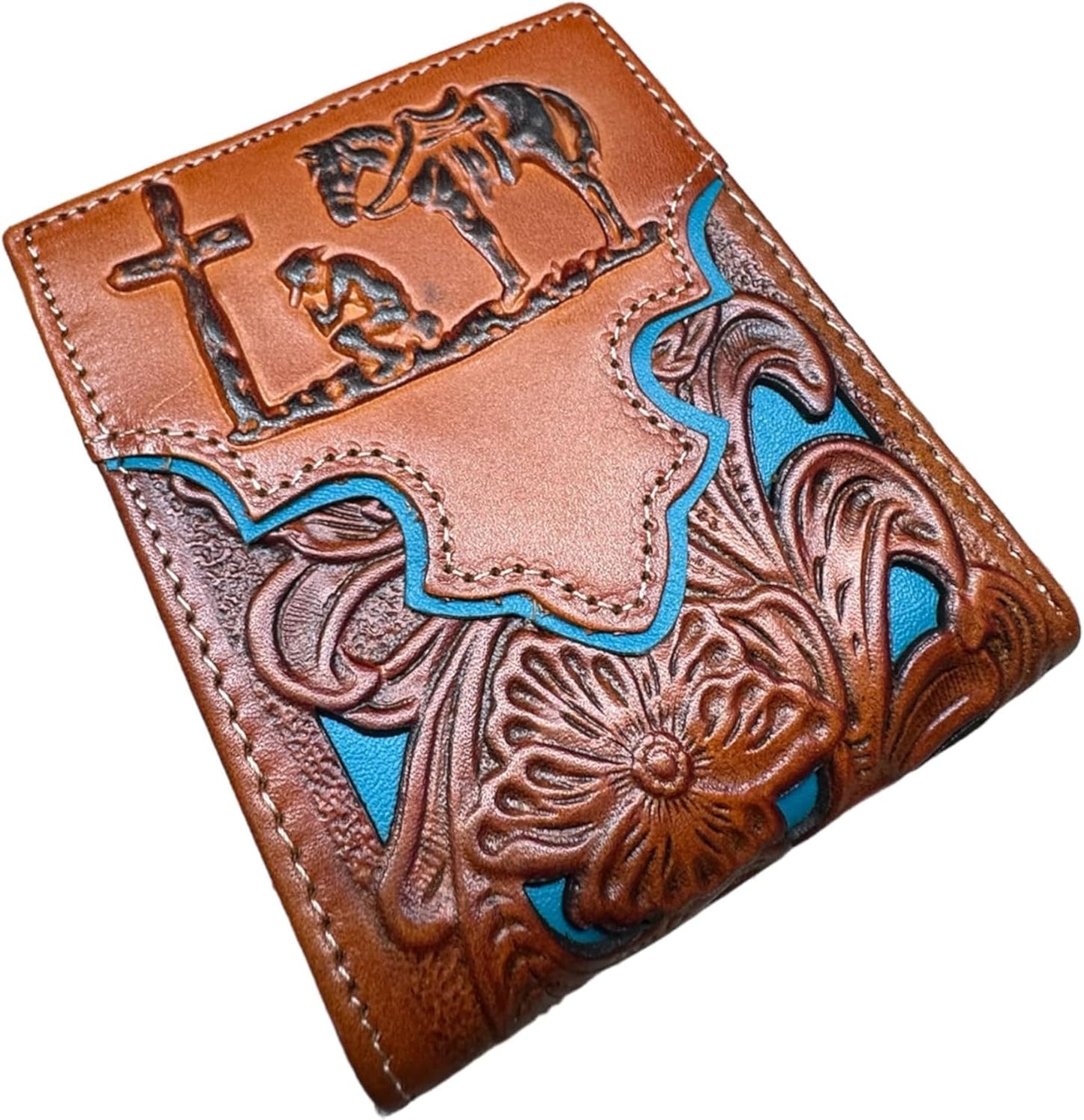 Floral Leather Cowboy Praying At Cross Wallet