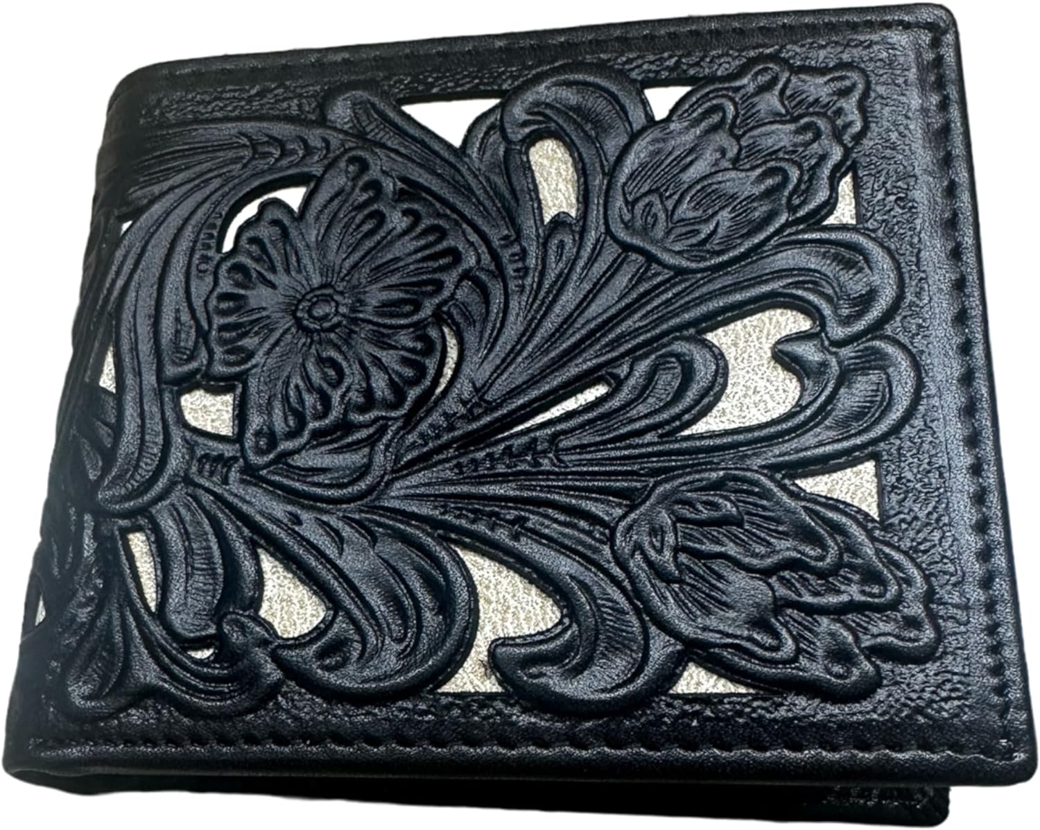 A Western Stakes Floral Leather Cowboy Wallet Brown & Teal featuring intricate floral cutout designs embossed on the front. The detailed pattern includes multiple flowers with stems and leaves, creating an elegant and ornate look. The background color peeks through the cutout sections of the flowers.