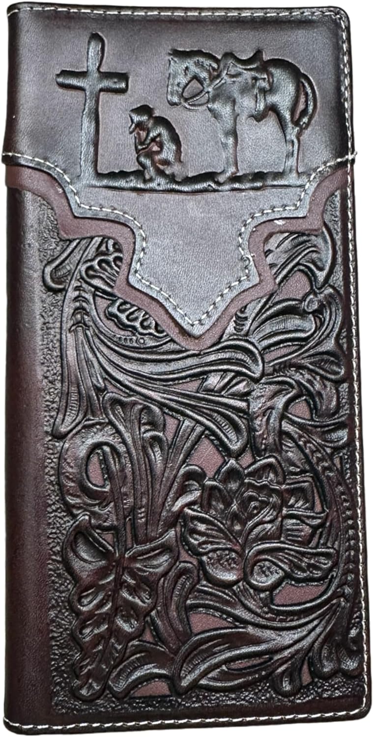 Floral Long Wallet Embossed Cowboy Praying At Cross