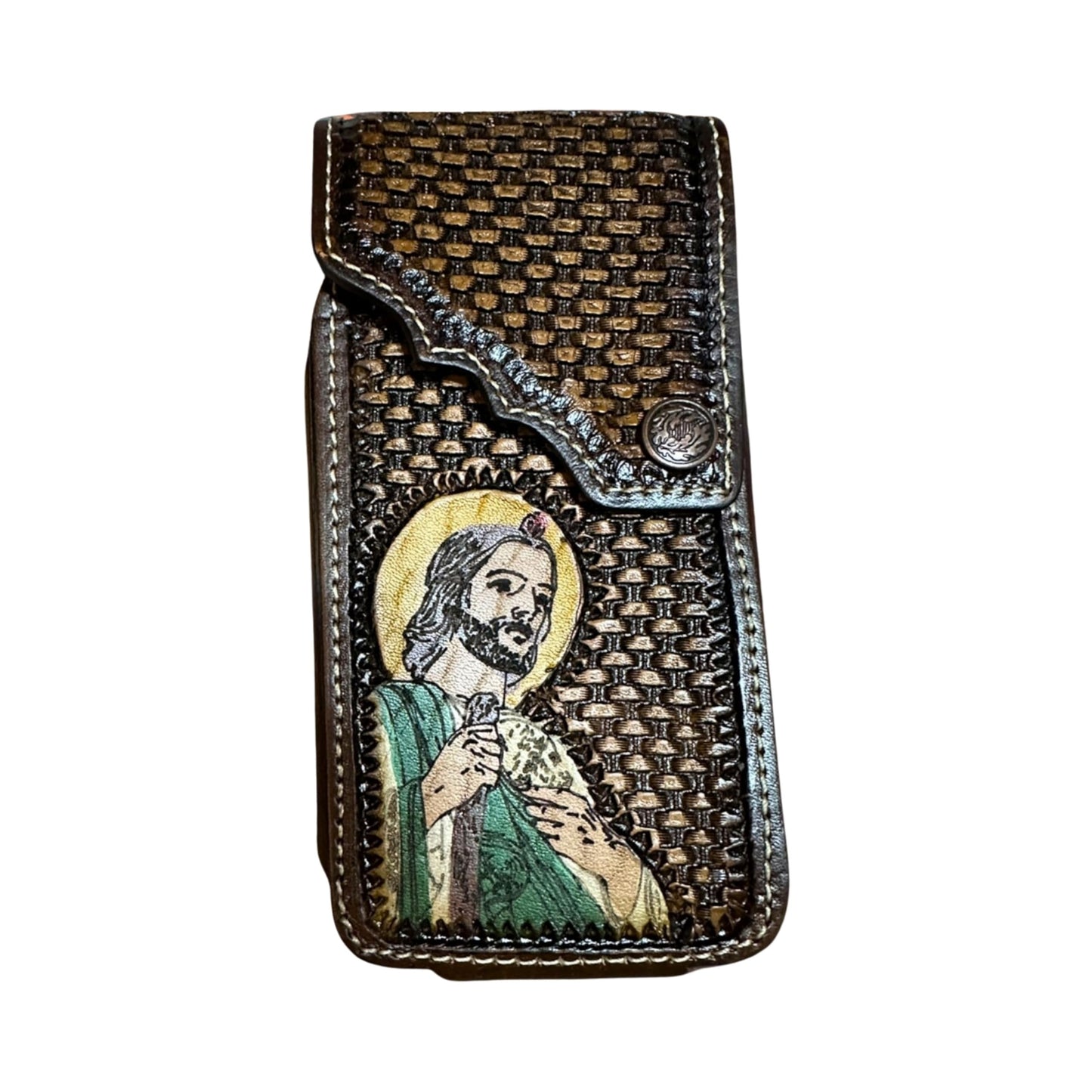 Leather Phone Belt Holster Handmade in Mexico Cowboy Jesus Virgin Mary