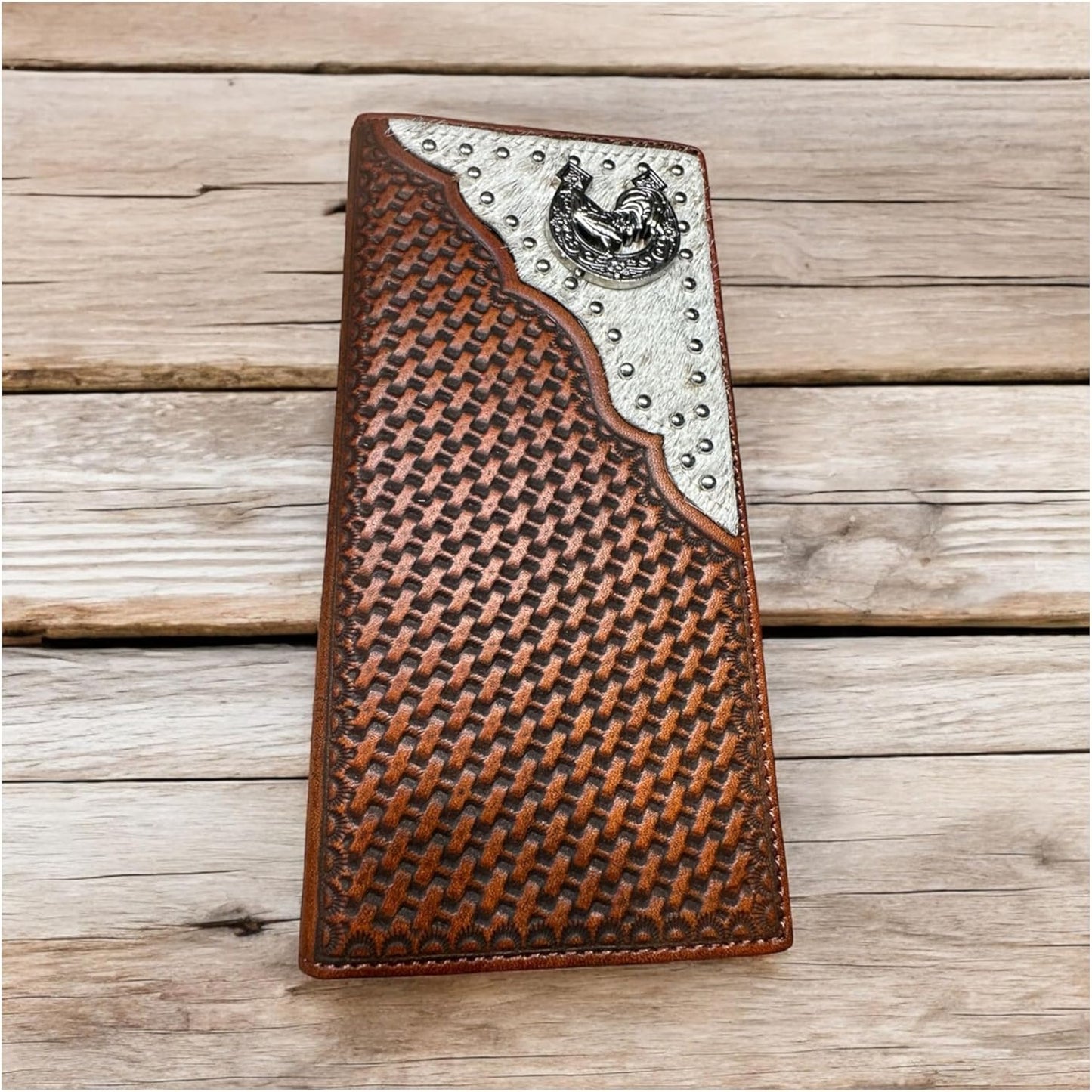 Rooster Horseshoe Long Wallet W Cowhair Basketweave