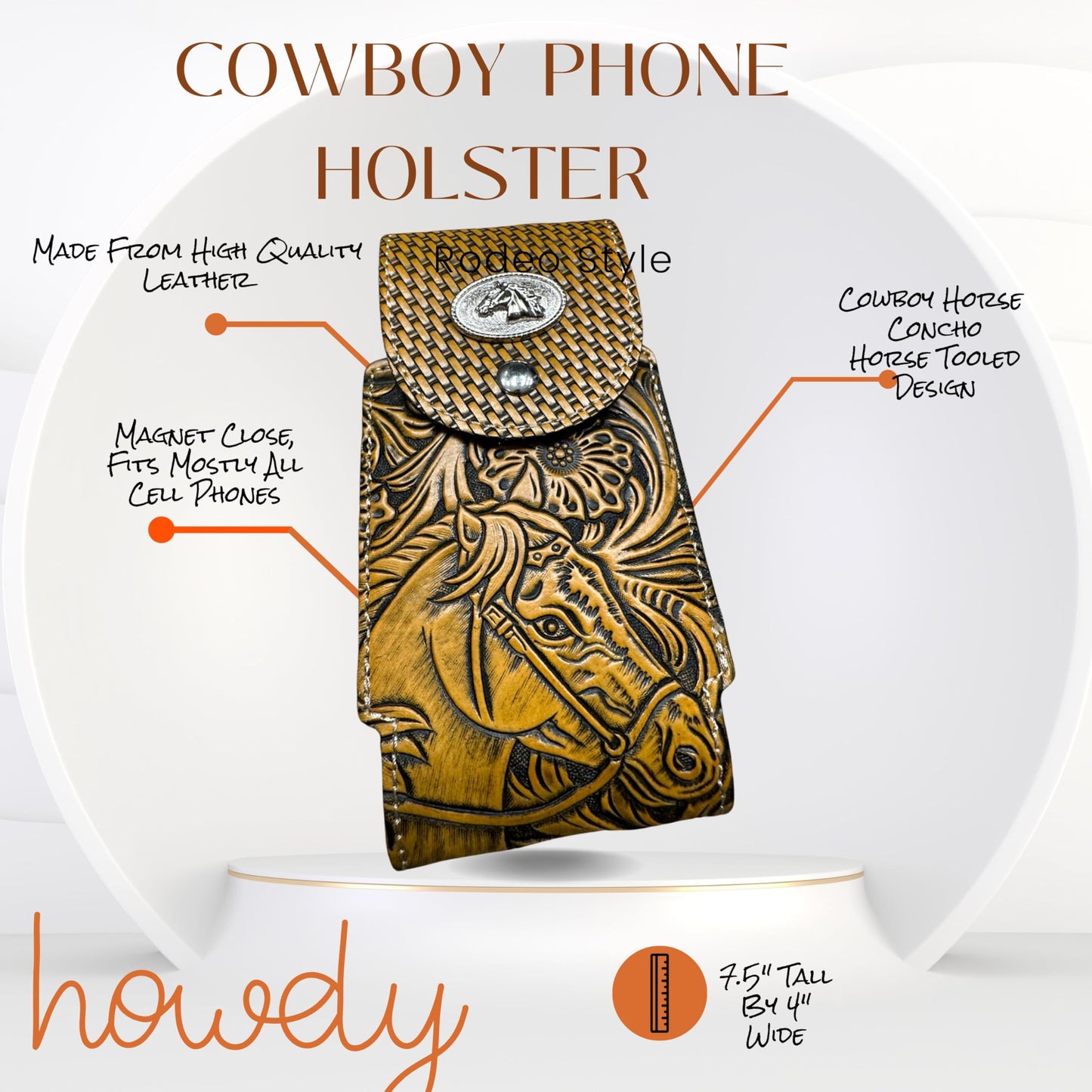 Western Leather Phone Belt Holster Tooled Horse Cowboy Concho