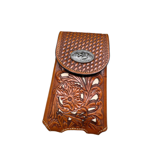 Western Stakes Western Leather Phone Belt Holster Cell Phone Case Pouch Floral Tooled Concho Basketweave Universal