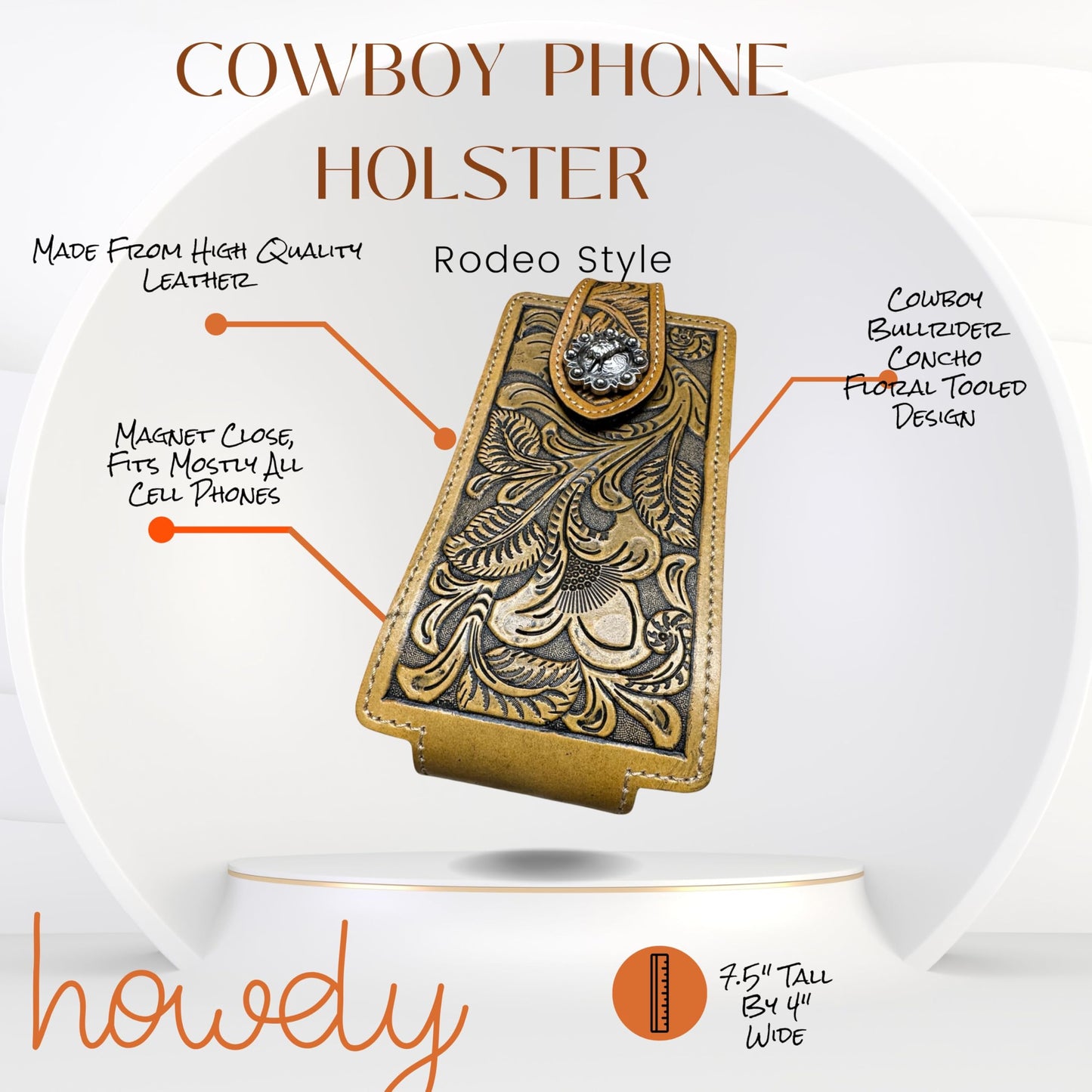 Western Stakes Leather Phone Holster Embossed Tooled Floral Cowboy Rodeo