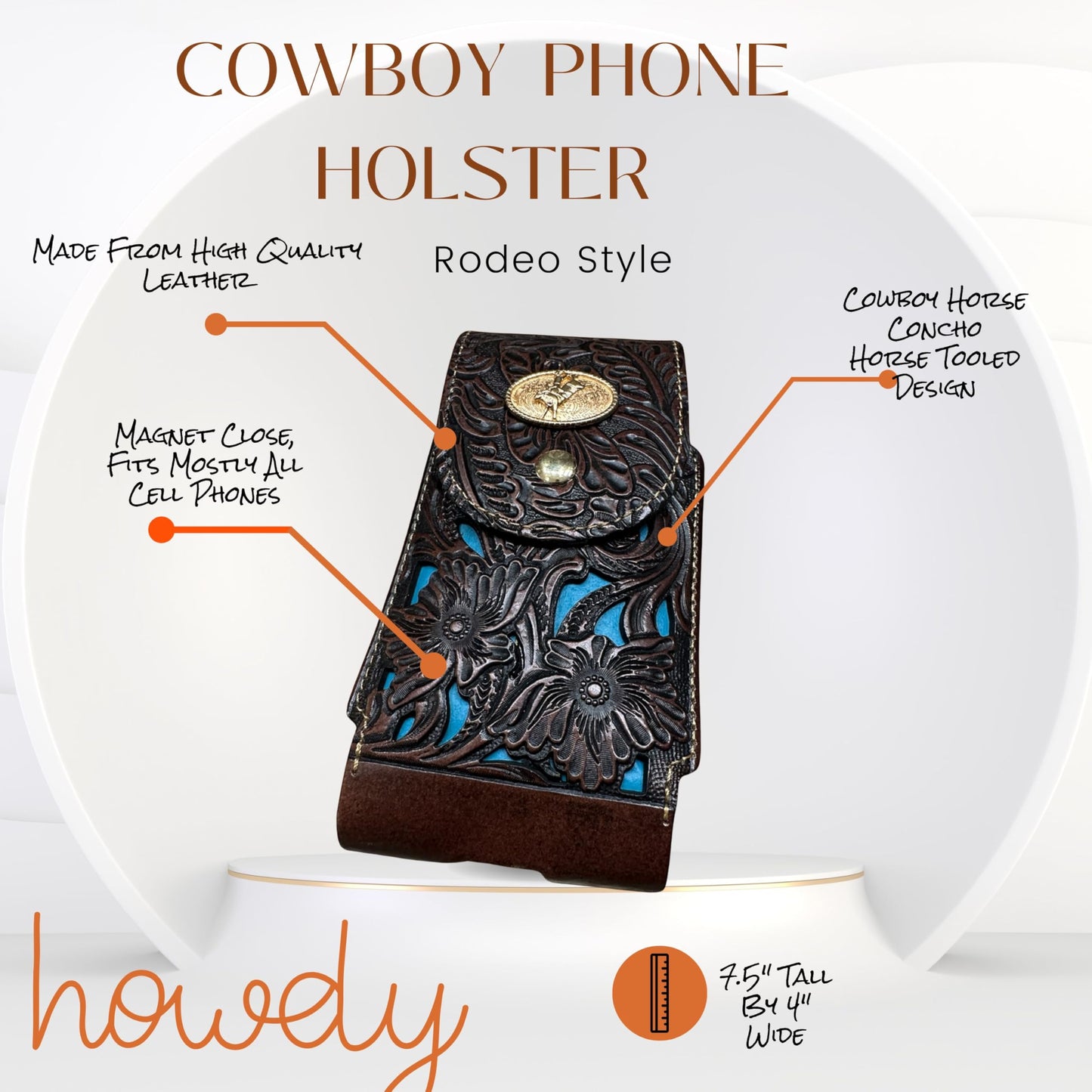 Western Stakes Western Leather Phone Belt Holster Cell Phone Case Pouch Floral Tooled Cowboy Concho Universal