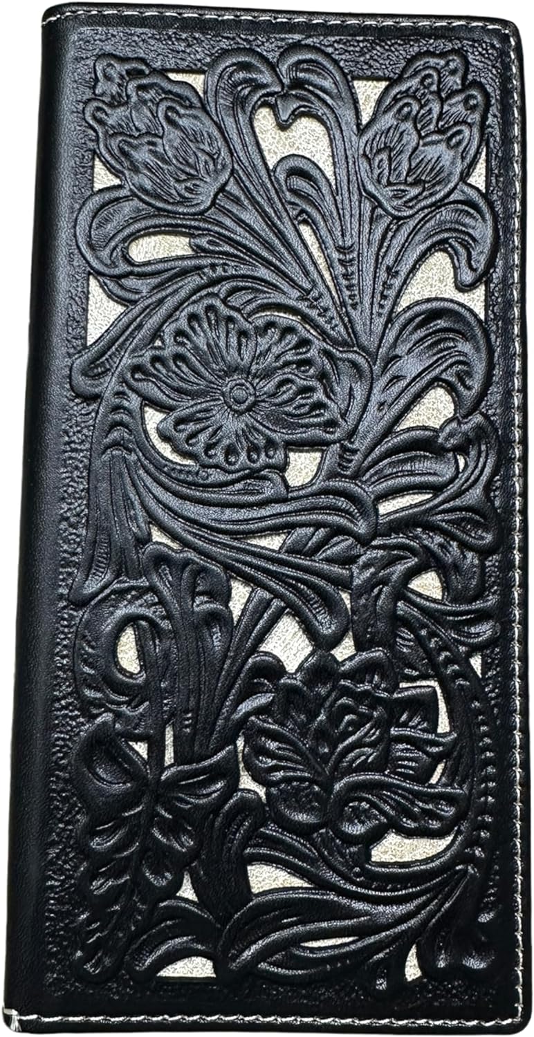 A rectangular black leather checkbook style wallet with intricate floral embossing, featuring detailed flowers and leaves. The design is raised and creates a textured pattern on the wallet's surface. The edges are neatly stitched, highlighting the craftsmanship of the item. This is the Floral Long Wallet Black White by Western Stakes.