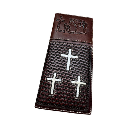 Leather Long Wallet Cow Hair Tri Cross Cowboy Praying At Cross