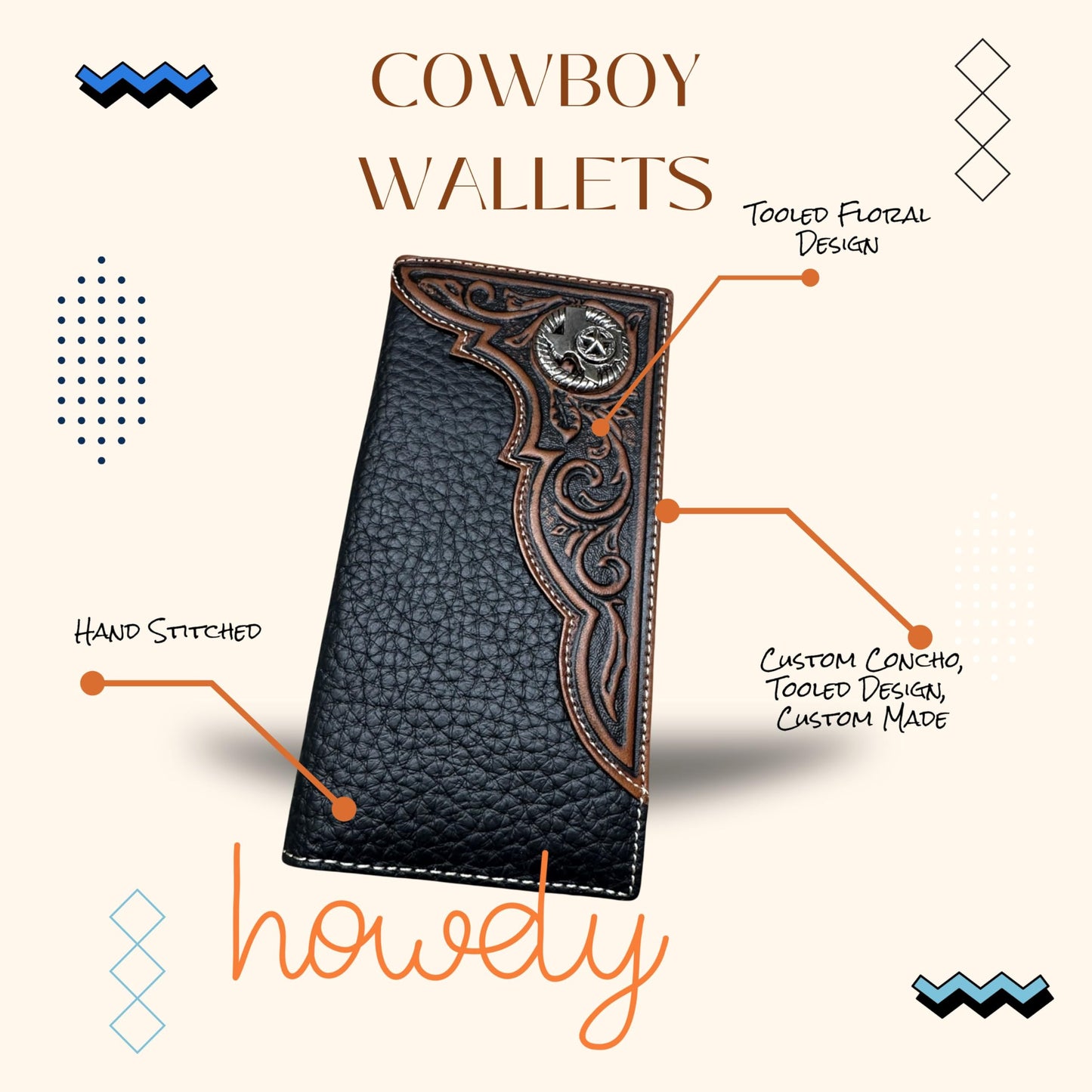 Leather Long Wallet Floral Embossed Texas Concho