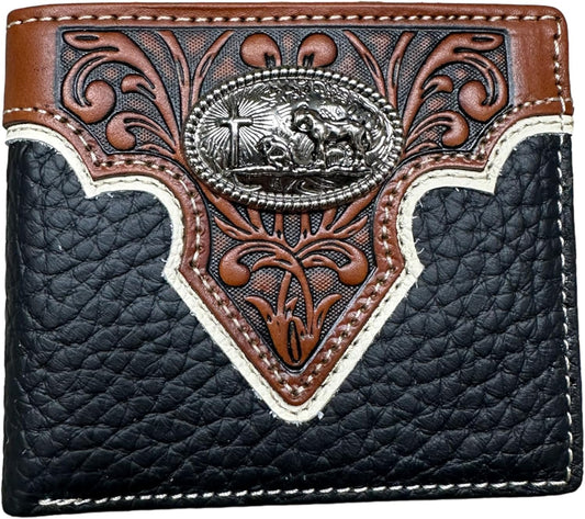 Mens Leather Wallet Cowboy Praying Leather Bi Fold