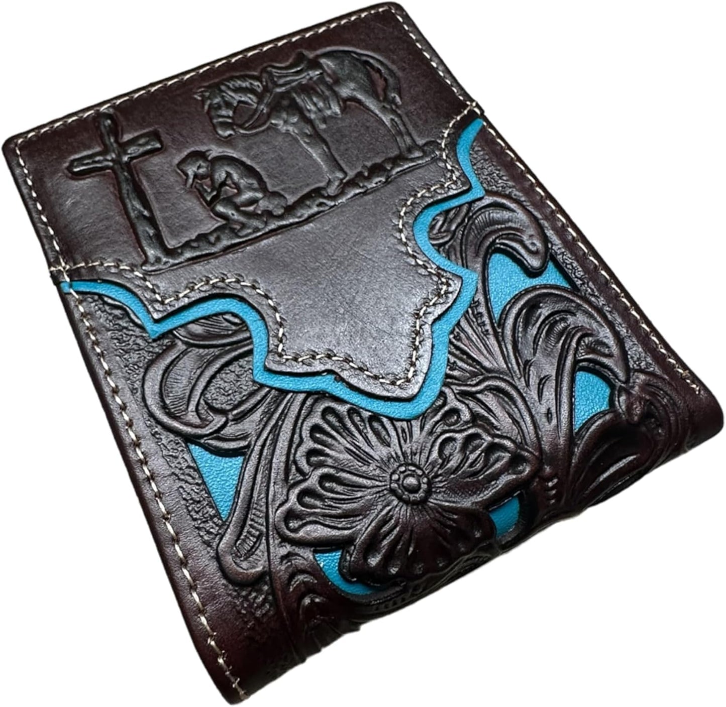 Floral Leather Cowboy Praying At Cross Wallet