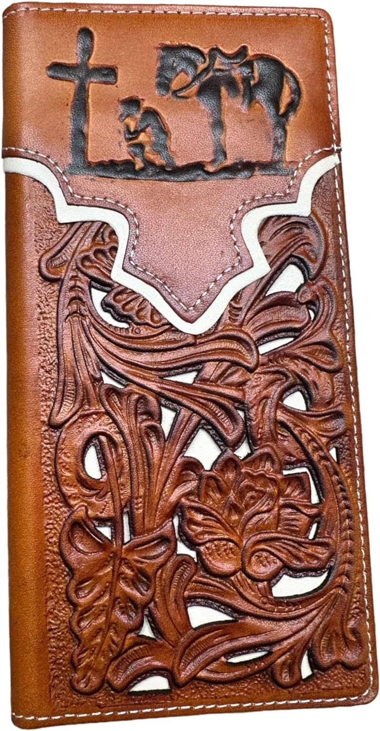 Floral Long Wallet Embossed Cowboy Praying At Cross