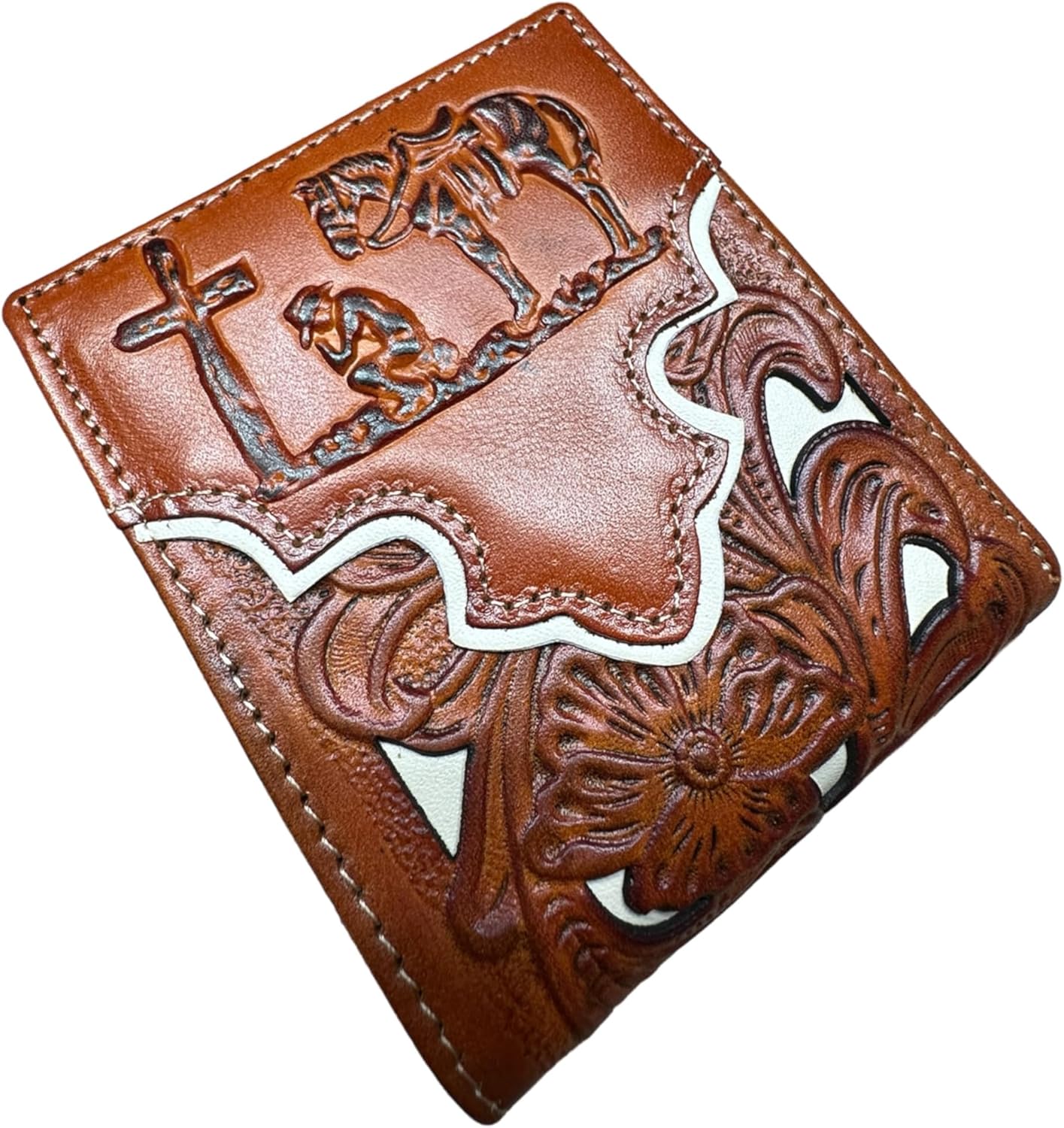 Floral Leather Cowboy Praying At Cross Wallet