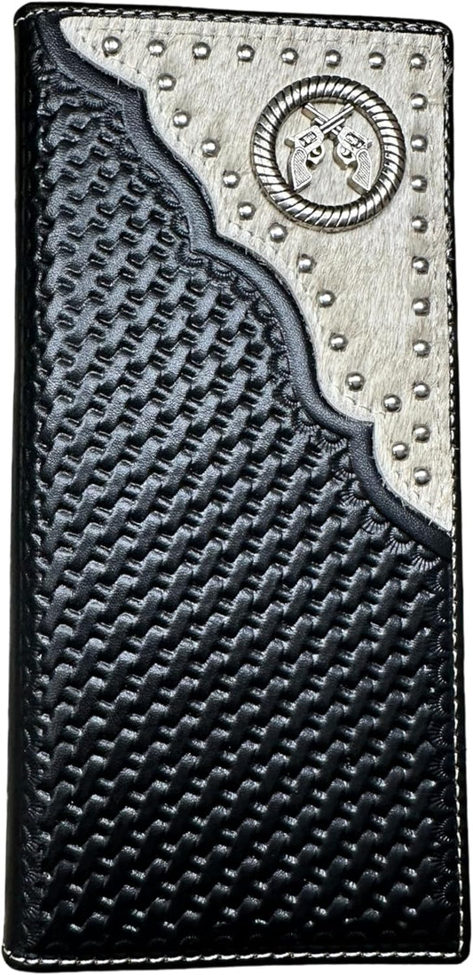 Six Shooter Concho Long Wallet Leather Basketweave Tooled Cow Hair