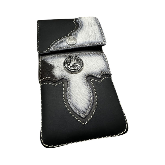 Western Stakes Leather Phone Belt Holster Layered Leather Cowhair Horse Concho