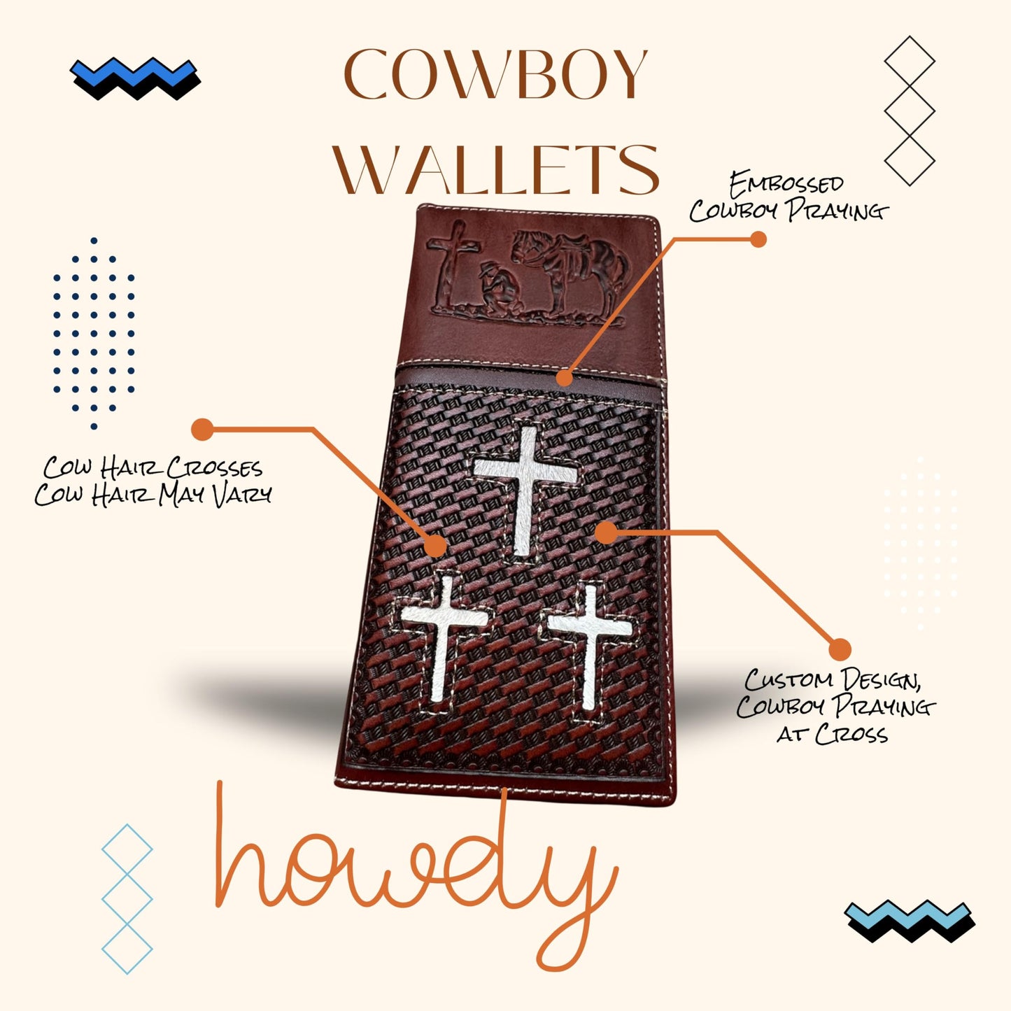 Leather Long Wallet Cow Hair Tri Cross Cowboy Praying At Cross