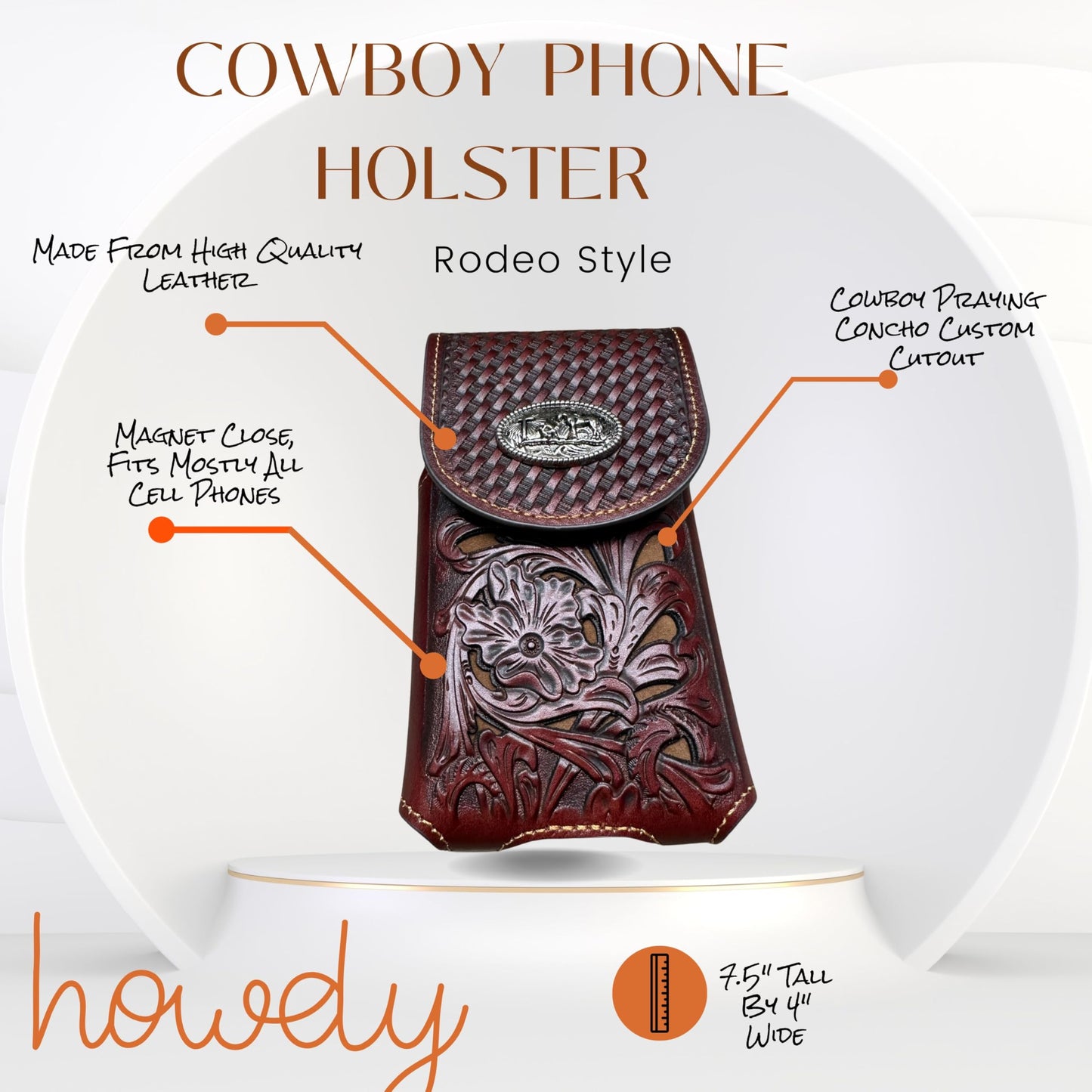 Western Stakes Leather Phone Belt Holster Floral Cutout Tooled