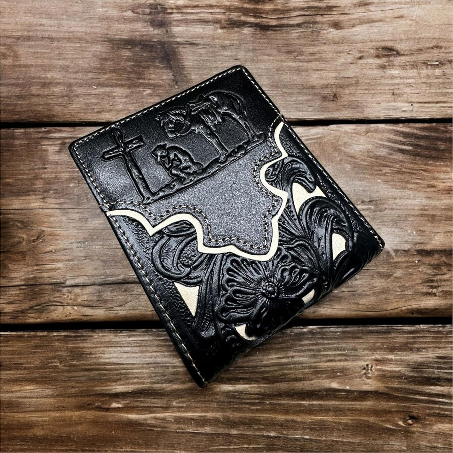 Floral Leather Cowboy Praying At Cross Wallet