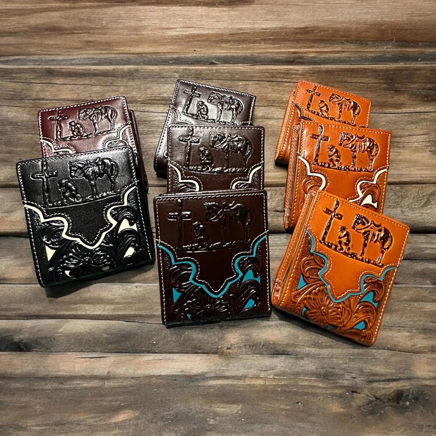 Floral Leather Cowboy Praying At Cross Wallet