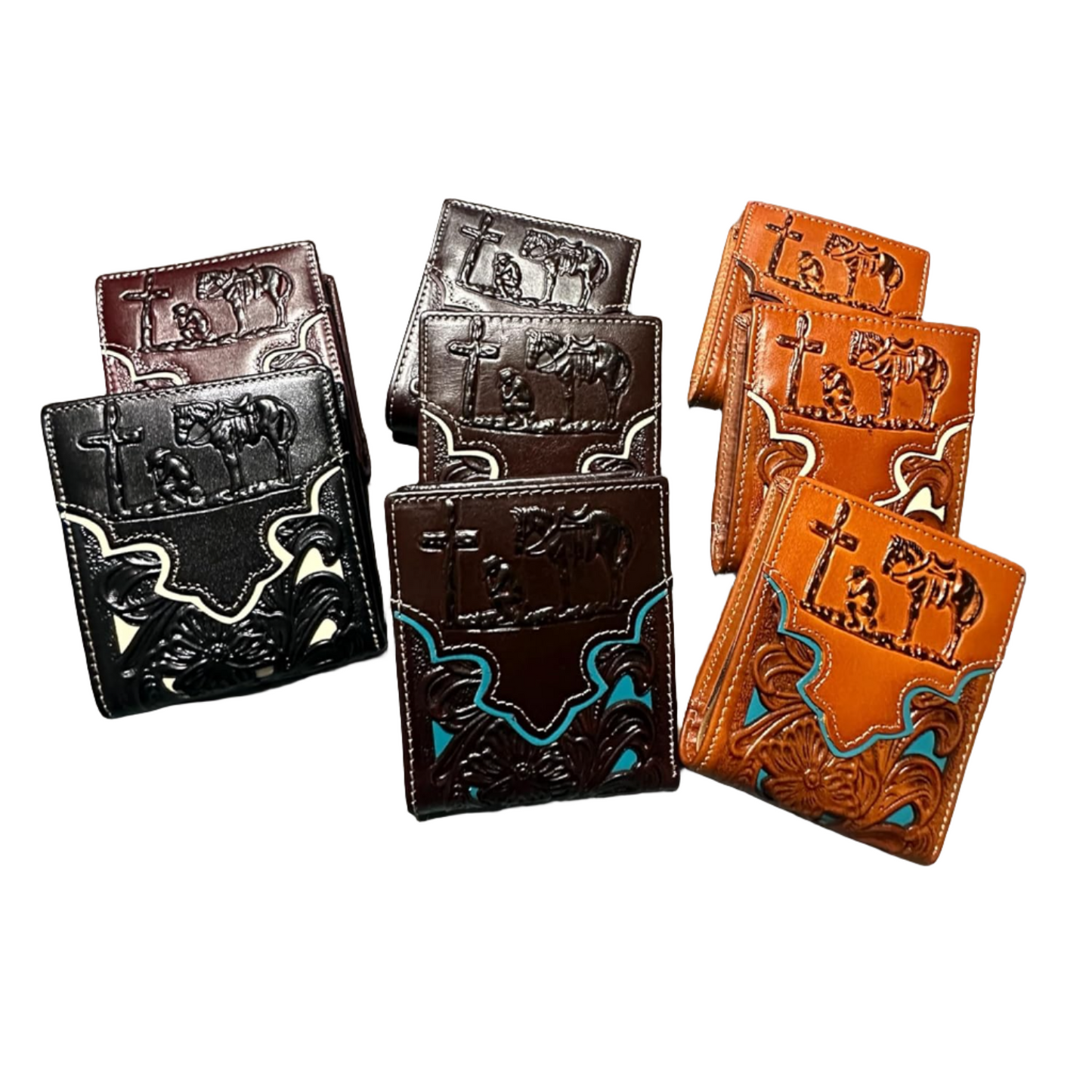 Floral Leather Cowboy Praying At Cross Wallet