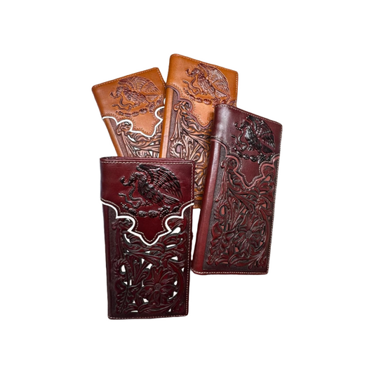 Floral Coat Of Arms Of Mexico Western Leather Long Wallet