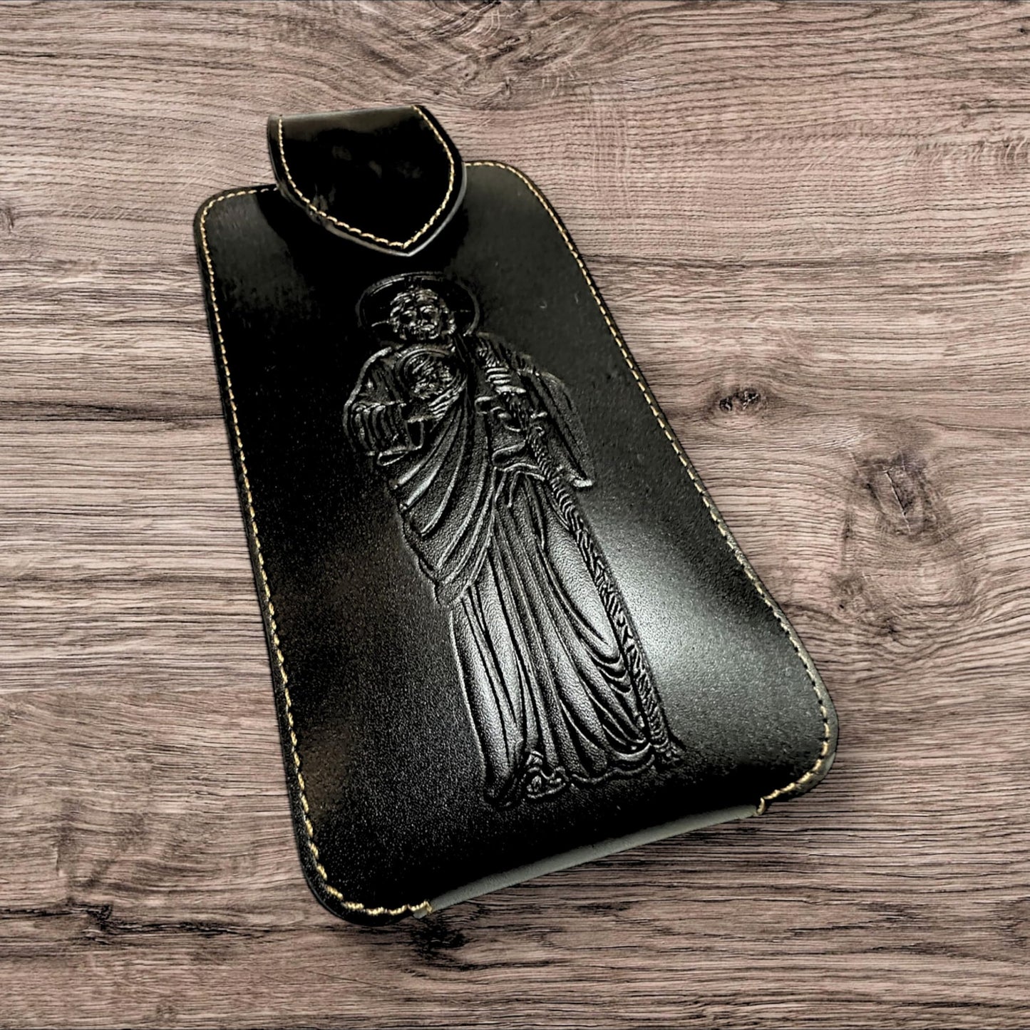 Western Stakes Leather Phone Belt Holster Embossed Saint Jude Apostle