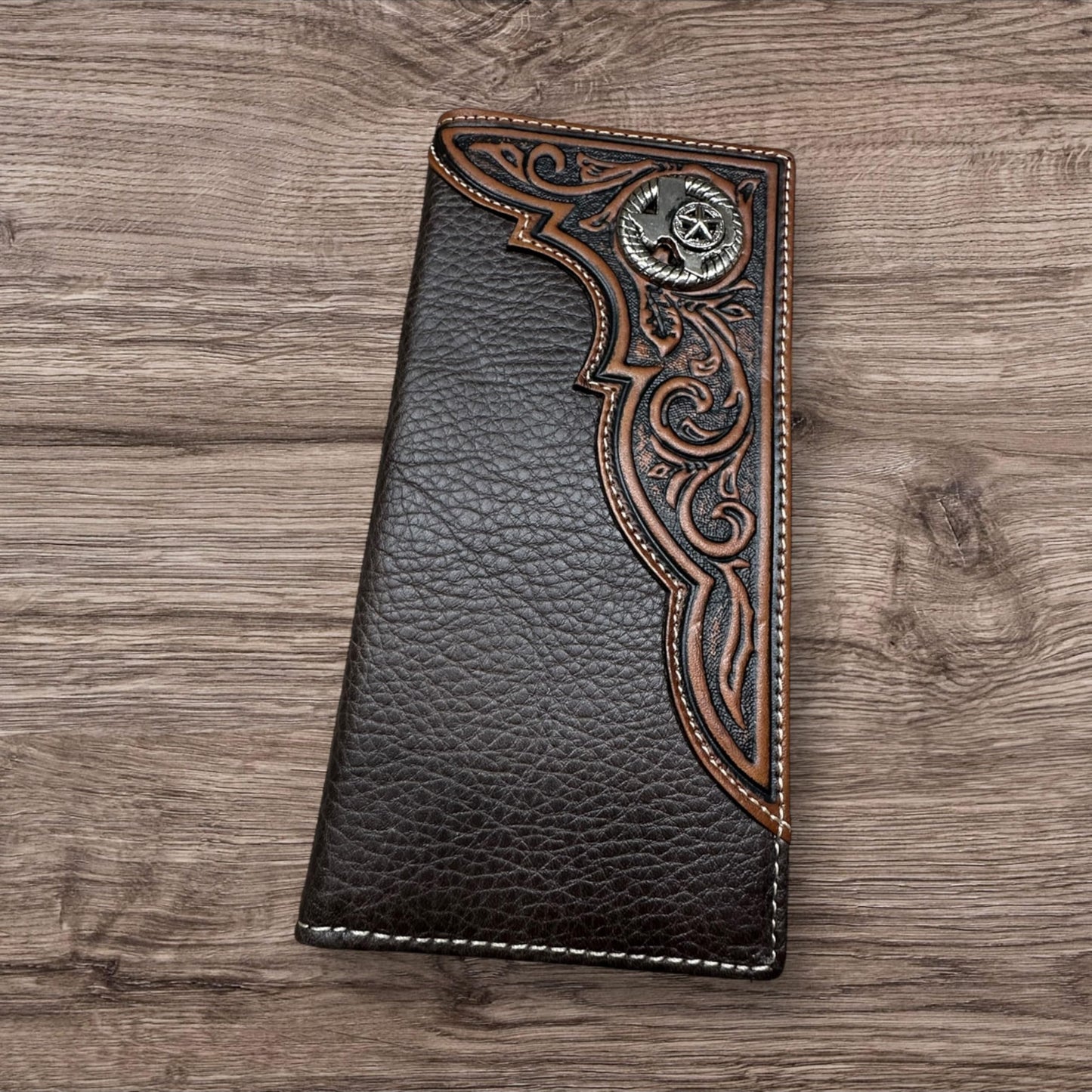 Leather Long Wallet Floral Embossed Texas Concho