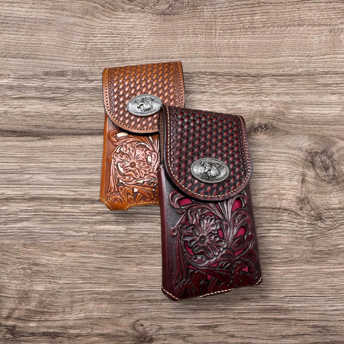 Western Stakes Western Leather Phone Belt Holster Cell Phone Case Pouch Floral Tooled Concho Basketweave Universal