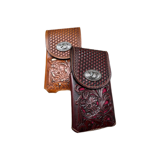 Western Stakes Western Leather Phone Belt Holster Cell Phone Case Pouch Floral Tooled Concho Basketweave Universal