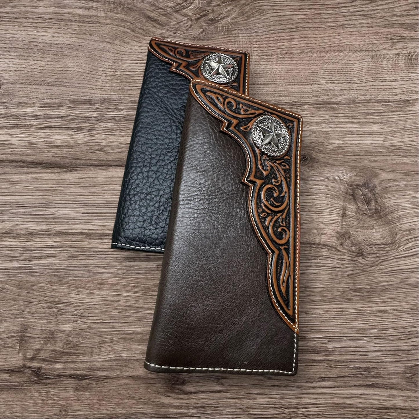 Floral Tooled Long Wallet Star Concho